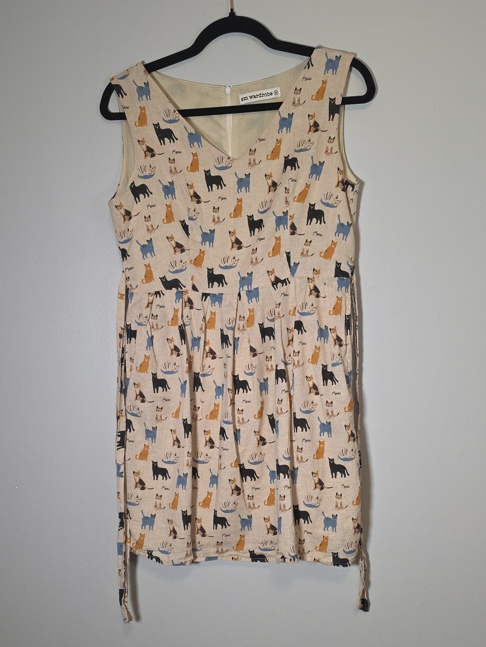 Sm Wardrobe Cat Print Sleeveless Cotton Dress in Cream, Blue & Black